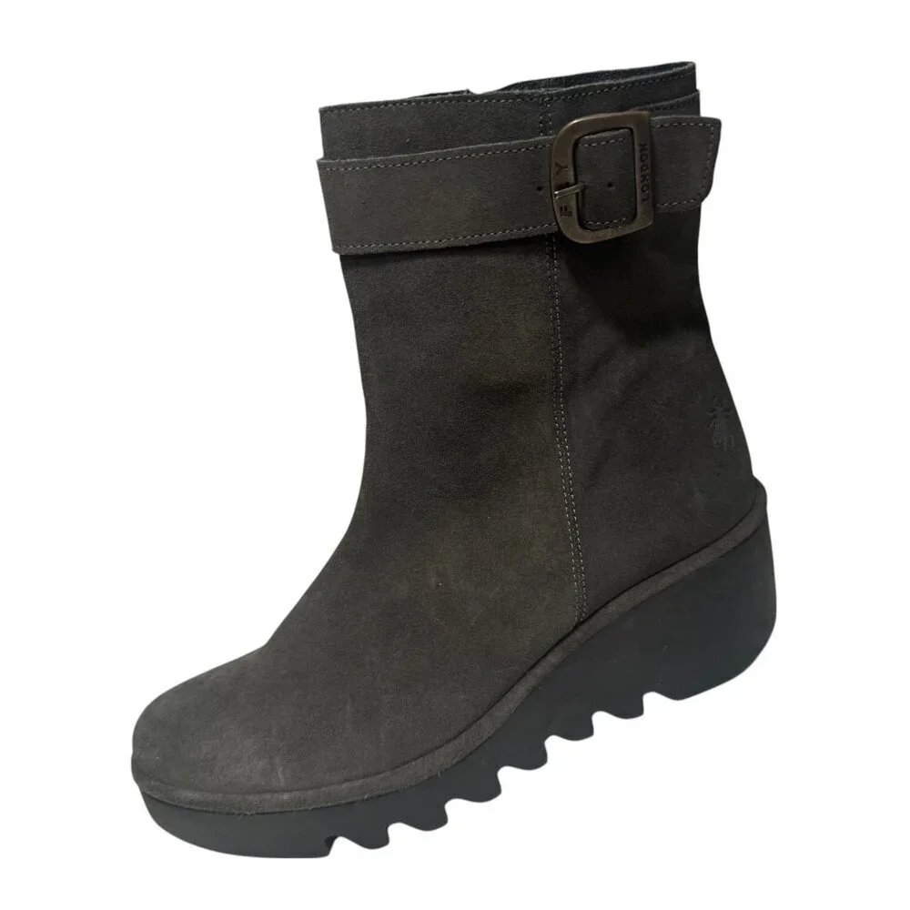 Fly London Bepp Gray Suede Wedge‎ Mid-calf  Zipper Boots size 42/10 NEW $295